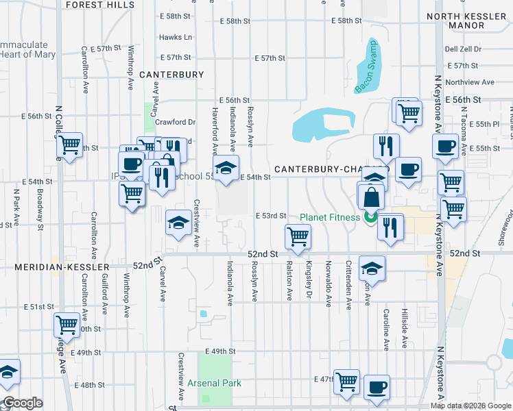 map of restaurants, bars, coffee shops, grocery stores, and more near 5356 Primrose Avenue in Indianapolis
