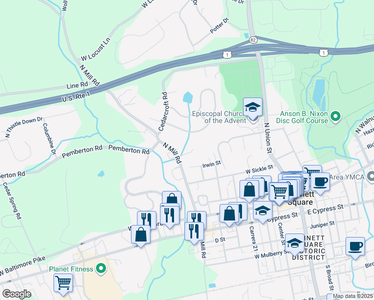 map of restaurants, bars, coffee shops, grocery stores, and more near 605 Meadow Creek Lane in Kennett Square