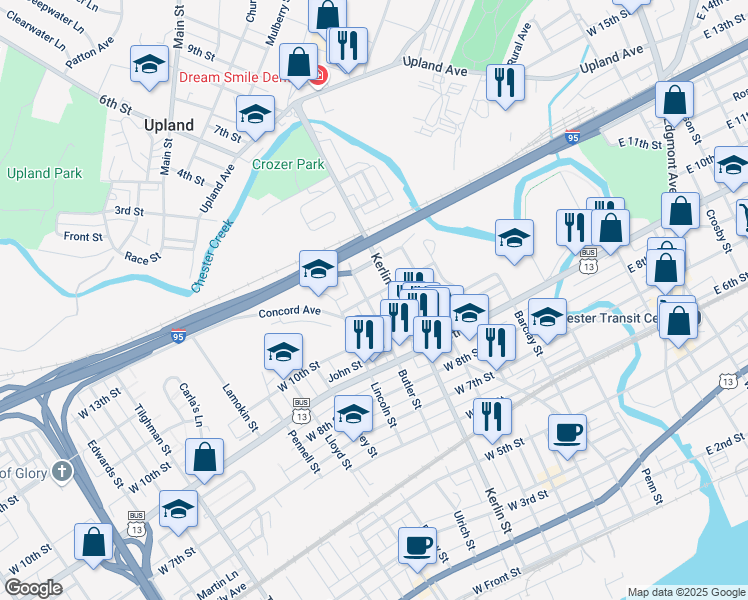 map of restaurants, bars, coffee shops, grocery stores, and more near 1041 Butler Street in Chester