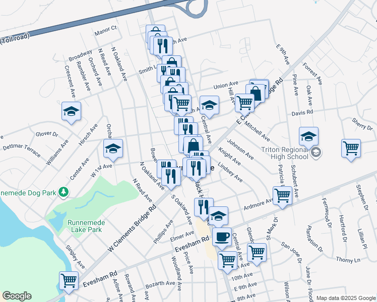 map of restaurants, bars, coffee shops, grocery stores, and more near N Black Horse Pike & W 1st Ave in Runnemede