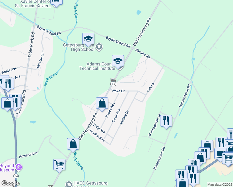 map of restaurants, bars, coffee shops, grocery stores, and more near 129 Rodes Avenue in Gettysburg