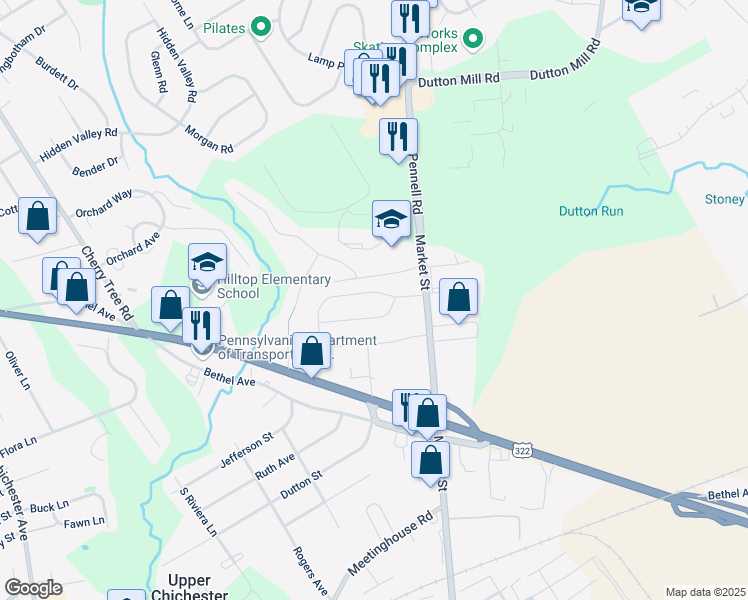 map of restaurants, bars, coffee shops, grocery stores, and more near 63 Willers Road in Delaware County