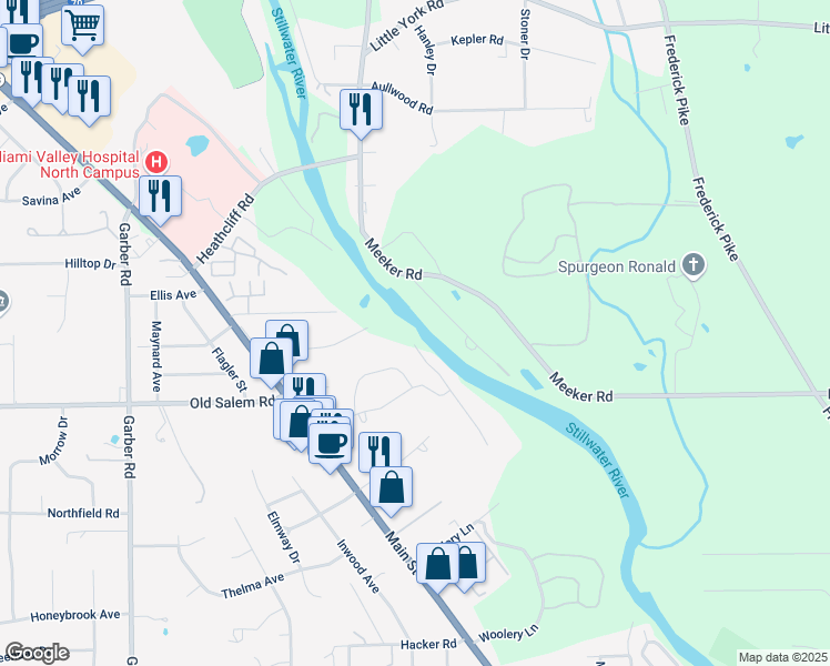 map of restaurants, bars, coffee shops, grocery stores, and more near 7159 Westfall Drive in Dayton