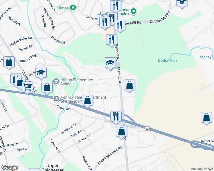 map of restaurants, bars, coffee shops, grocery stores, and more near 53 Willers Road in Delaware County
