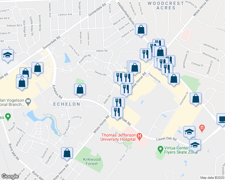 map of restaurants, bars, coffee shops, grocery stores, and more near 1152 Bibbs Road in Voorhees Township