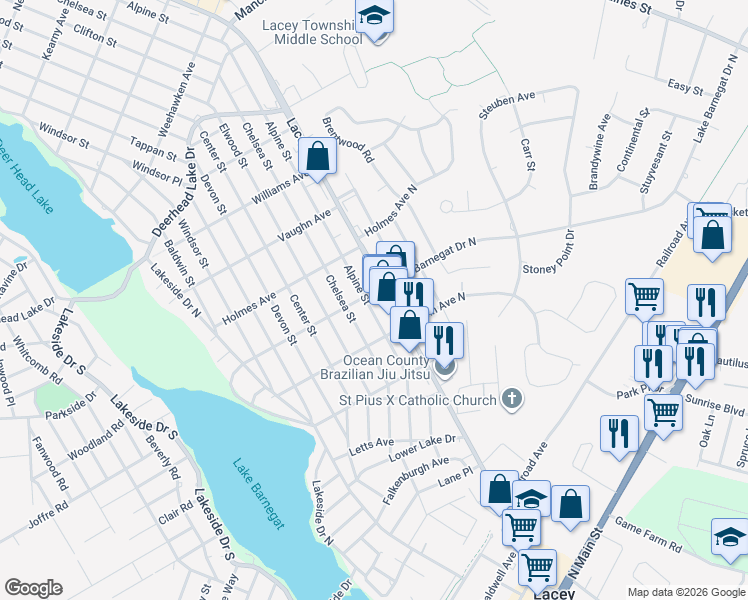 map of restaurants, bars, coffee shops, grocery stores, and more near 405 Lake Barnegat Drive South in Lacey Township