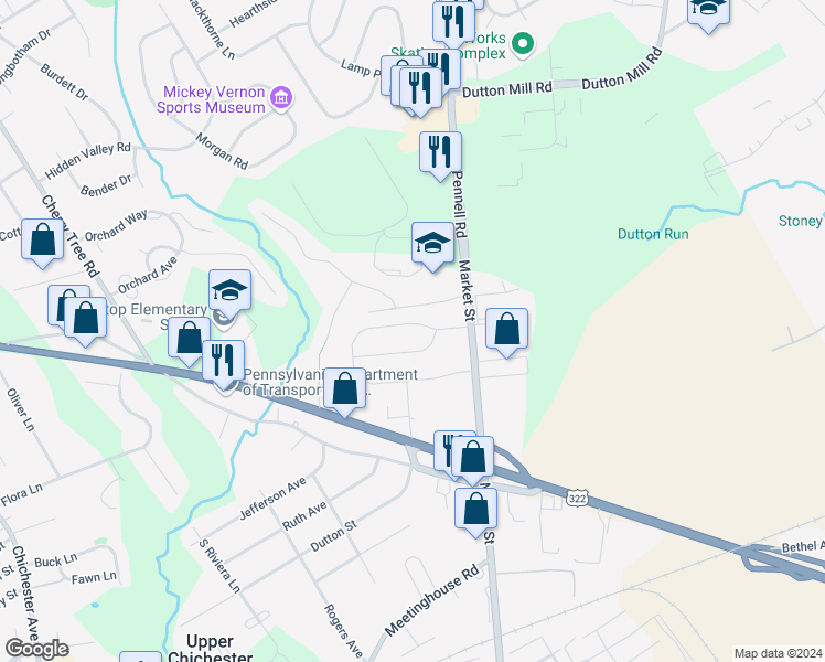 map of restaurants, bars, coffee shops, grocery stores, and more near 63 Willers Road in Delaware County