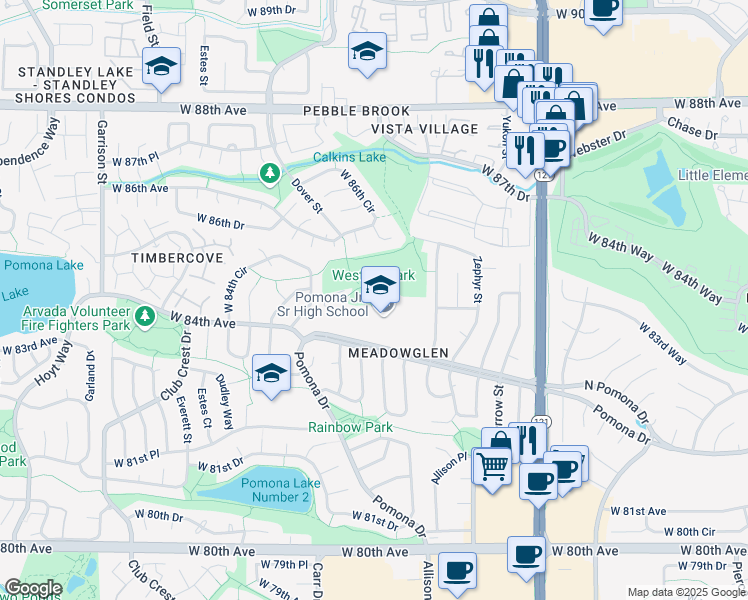 map of restaurants, bars, coffee shops, grocery stores, and more near 8101 West Pomona Drive in Arvada