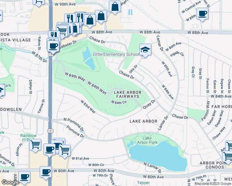 map of restaurants, bars, coffee shops, grocery stores, and more near 6725 West 84th Way in Arvada