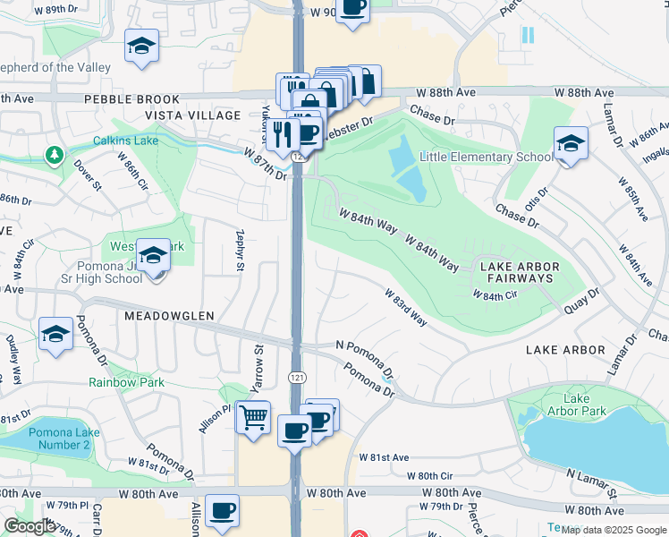map of restaurants, bars, coffee shops, grocery stores, and more near in Arvada