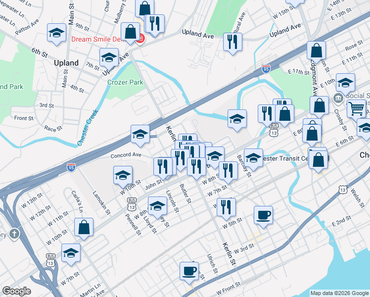 map of restaurants, bars, coffee shops, grocery stores, and more near 1036 Parker Street in Chester