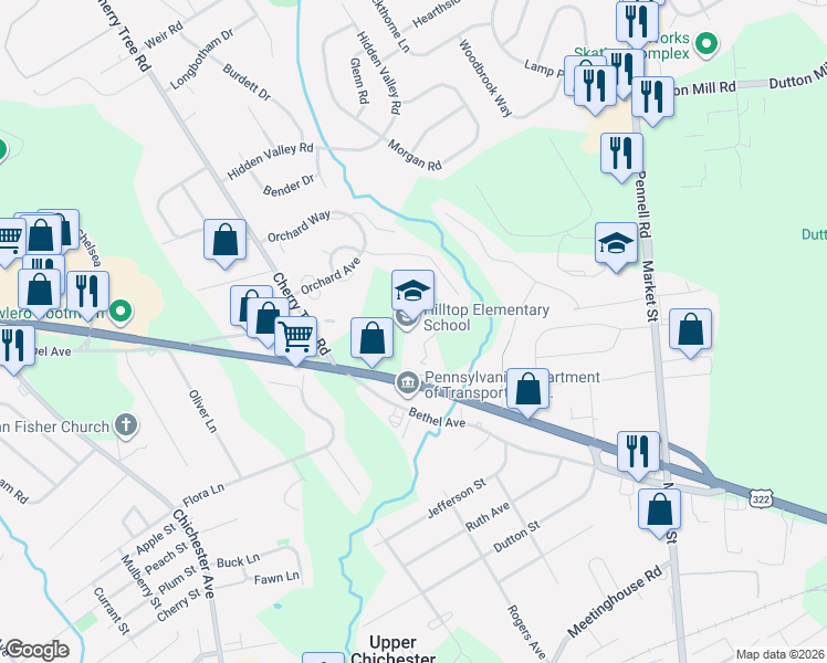 map of restaurants, bars, coffee shops, grocery stores, and more near 401 Cherry Tree Road in Aston