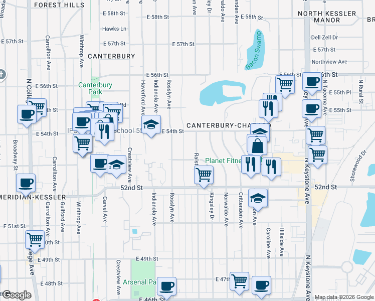 map of restaurants, bars, coffee shops, grocery stores, and more near 5356 Primrose Avenue in Indianapolis