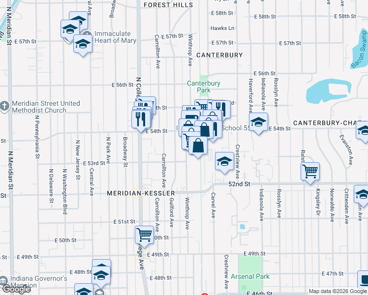 map of restaurants, bars, coffee shops, grocery stores, and more near 5358 Winthrop Avenue in Indianapolis