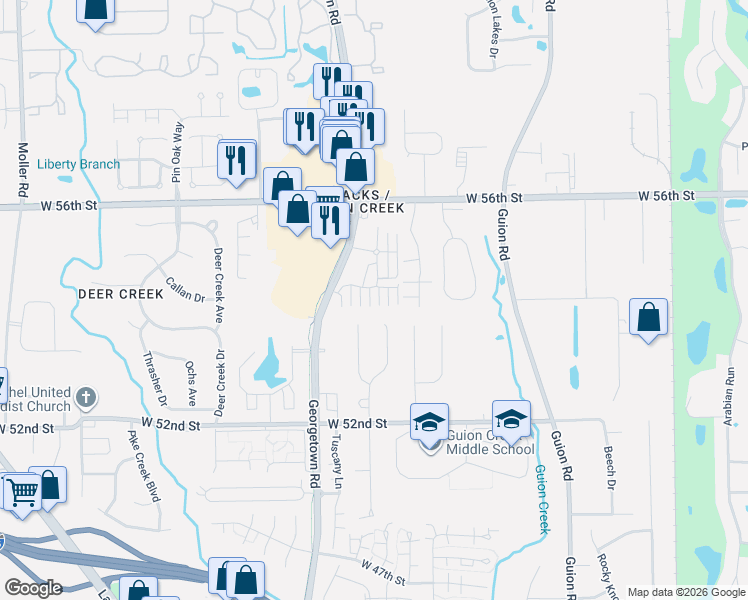 map of restaurants, bars, coffee shops, grocery stores, and more near 5462 kelvington Lane in Indianapolis