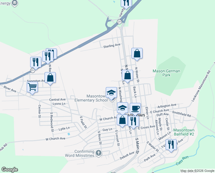 map of restaurants, bars, coffee shops, grocery stores, and more near 154 Virginia Avenue in Masontown