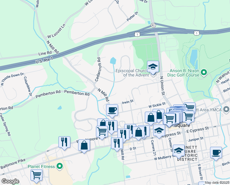 map of restaurants, bars, coffee shops, grocery stores, and more near 605 Meadow Creek Lane in Kennett Square