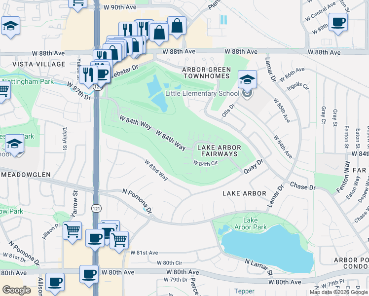 map of restaurants, bars, coffee shops, grocery stores, and more near 6925 West 84th Way in Arvada