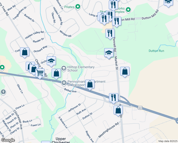map of restaurants, bars, coffee shops, grocery stores, and more near 4227 Chatham Circle in Aston