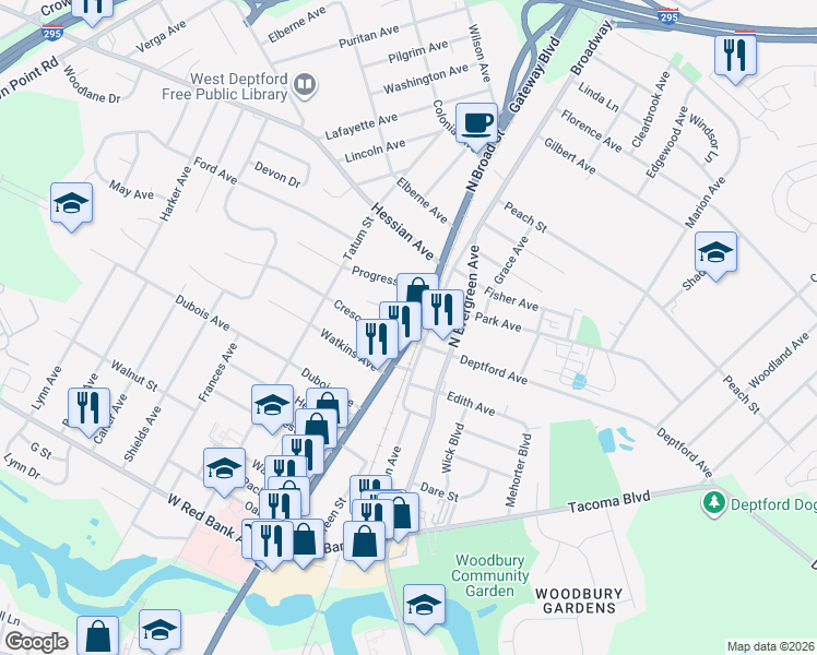 map of restaurants, bars, coffee shops, grocery stores, and more near 1047 North Broad Street in Woodbury