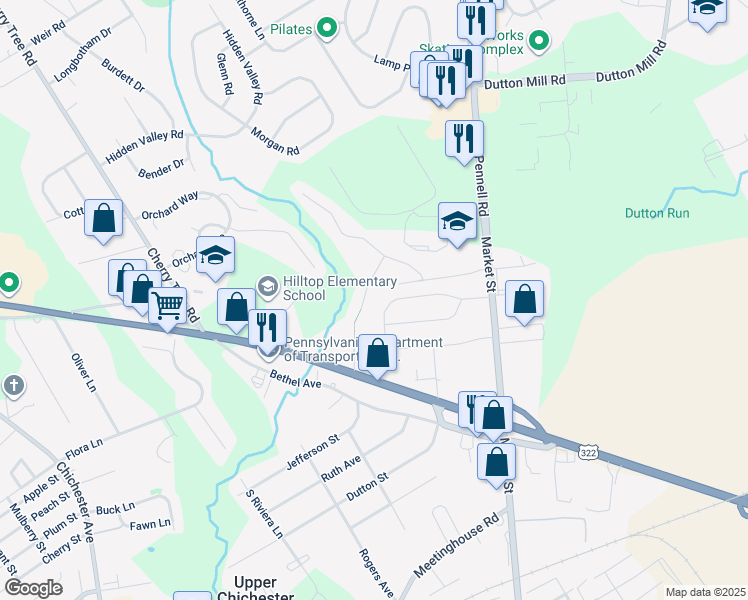 map of restaurants, bars, coffee shops, grocery stores, and more near 4227 Chatham Circle in Aston