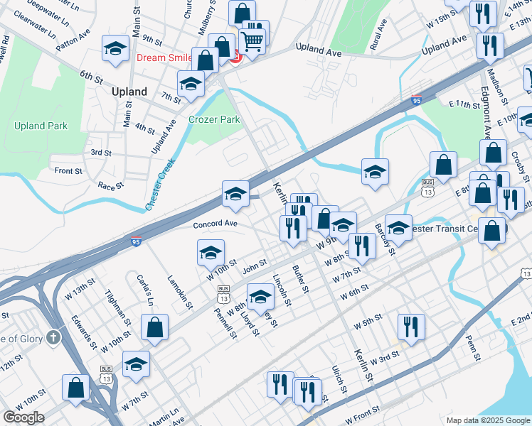 map of restaurants, bars, coffee shops, grocery stores, and more near 802 West 11th Street in Chester