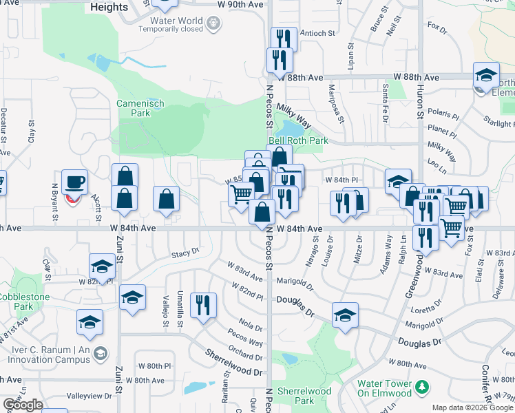 map of restaurants, bars, coffee shops, grocery stores, and more near 1722 Aspen Meadows Circle in Federal Heights