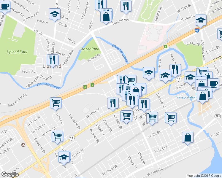 map of restaurants, bars, coffee shops, grocery stores, and more near 802 West 11th Street in Chester