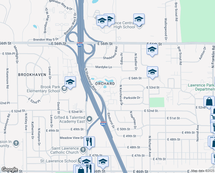 map of restaurants, bars, coffee shops, grocery stores, and more near 5355 Cider Mill Lane in Lawrence