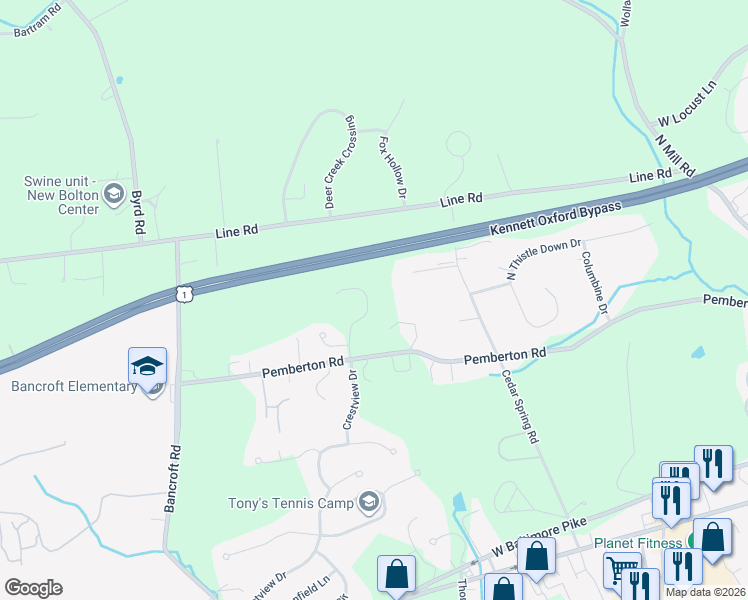 map of restaurants, bars, coffee shops, grocery stores, and more near 235 Kestrel Court in Kennett Square