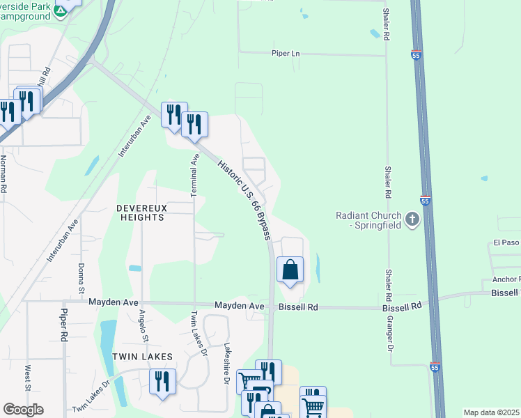 map of restaurants, bars, coffee shops, grocery stores, and more near 2901 Historic U.S. 66 Bypass in Springfield