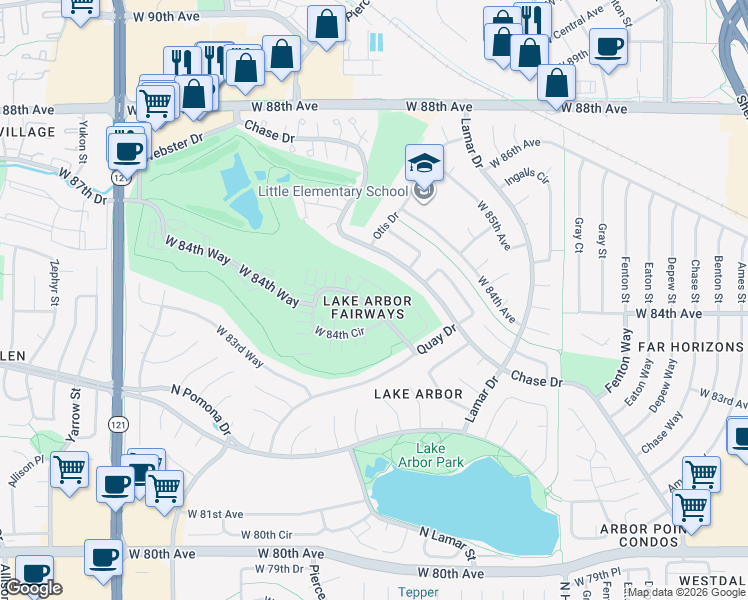 map of restaurants, bars, coffee shops, grocery stores, and more near 6625 West 84th Way in Arvada