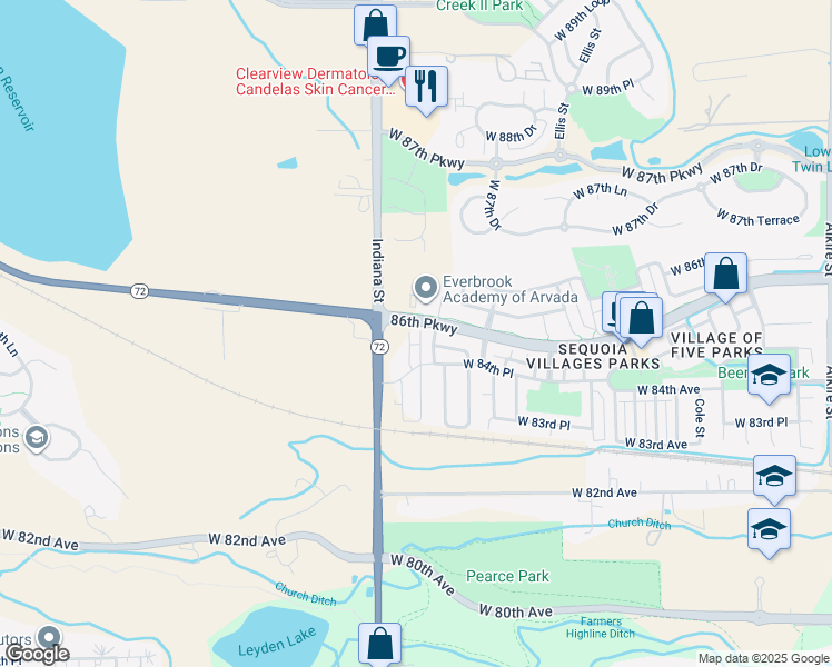 map of restaurants, bars, coffee shops, grocery stores, and more near 14659 West 86th Parkway in Arvada
