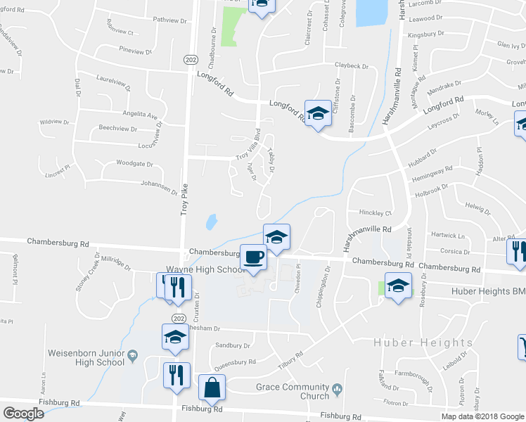 map of restaurants, bars, coffee shops, grocery stores, and more near 5660 Calico Court in Dayton