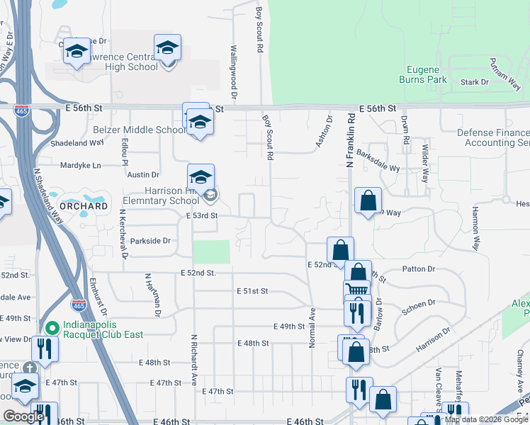 map of restaurants, bars, coffee shops, grocery stores, and more near 5308 Boy Scout Road in Indianapolis