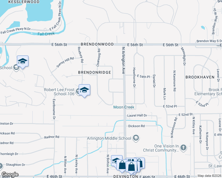 map of restaurants, bars, coffee shops, grocery stores, and more near 5335 Brendonridge Road in Indianapolis