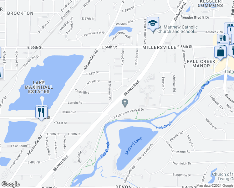map of restaurants, bars, coffee shops, grocery stores, and more near 5303 Rue Deville in Indianapolis