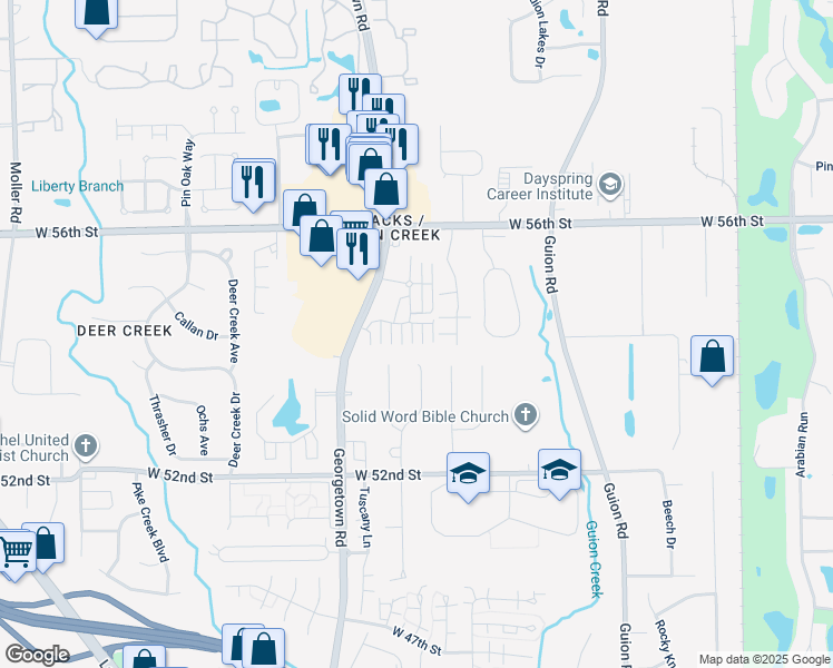 map of restaurants, bars, coffee shops, grocery stores, and more near 5462 kelvington Lane in Indianapolis