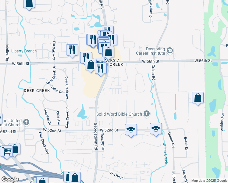 map of restaurants, bars, coffee shops, grocery stores, and more near 5462 kelvington Lane in Indianapolis