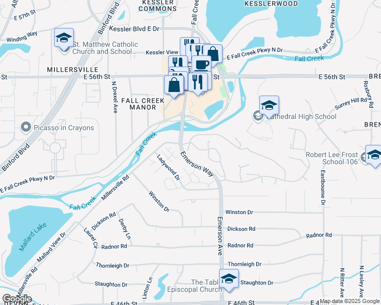 map of restaurants, bars, coffee shops, grocery stores, and more near 4927 Windridge Drive in Indianapolis