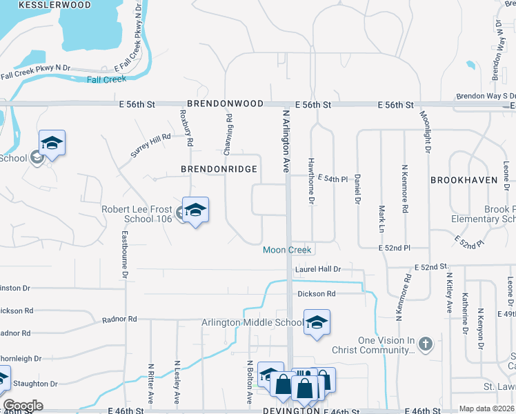 map of restaurants, bars, coffee shops, grocery stores, and more near 5335 Brendonridge Road in Indianapolis