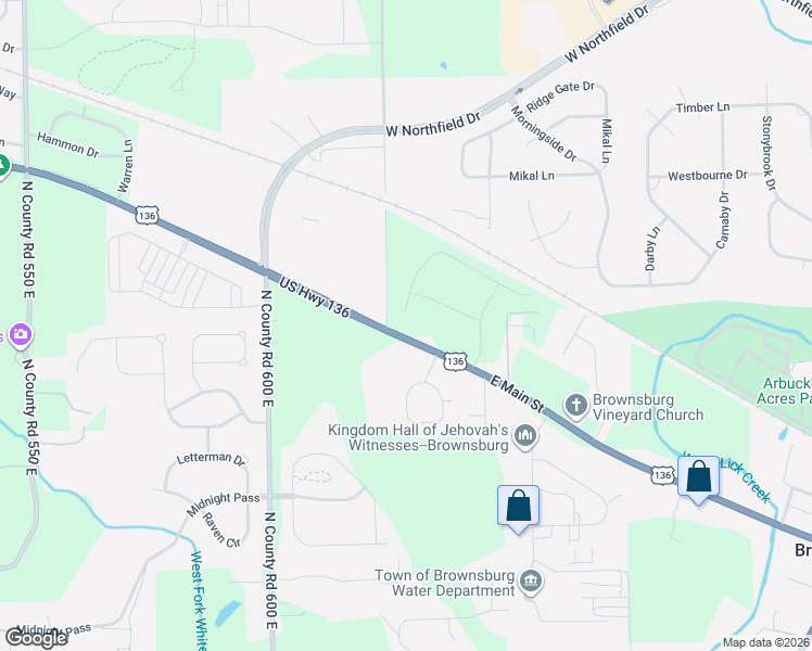 map of restaurants, bars, coffee shops, grocery stores, and more near 6330 US Highway 136 in Brownsburg