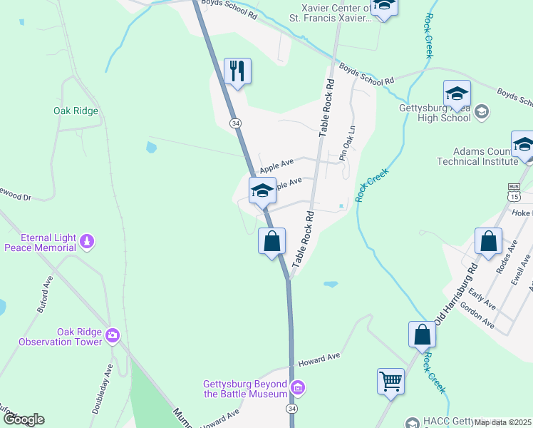 map of restaurants, bars, coffee shops, grocery stores, and more near 898 Biglerville Road in Gettysburg