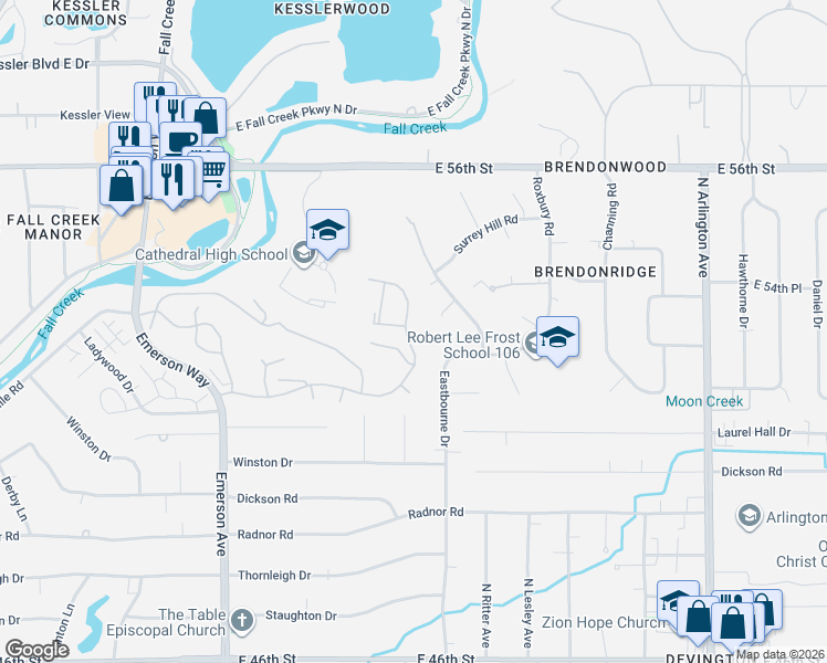 map of restaurants, bars, coffee shops, grocery stores, and more near 5300 Far Hill Court in Indianapolis