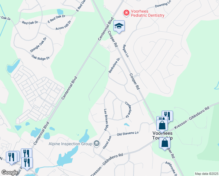 map of restaurants, bars, coffee shops, grocery stores, and more near 45 Timberline Drive in Voorhees Township