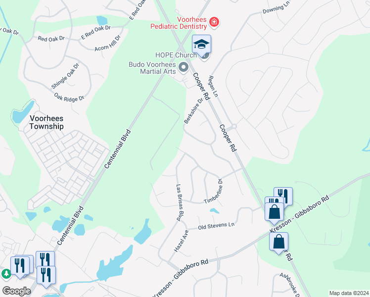 map of restaurants, bars, coffee shops, grocery stores, and more near 45 Timberline Drive in Voorhees Township