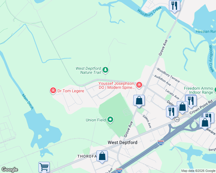 map of restaurants, bars, coffee shops, grocery stores, and more near 145 Blue Heron Drive in West Deptford