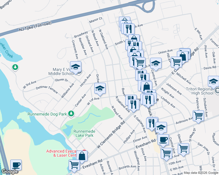 map of restaurants, bars, coffee shops, grocery stores, and more near 140 North Read Avenue in Runnemede