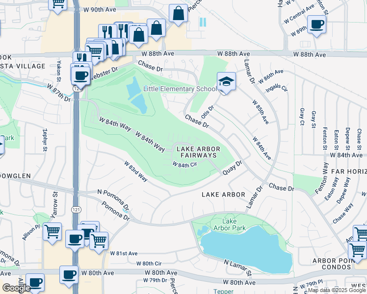 map of restaurants, bars, coffee shops, grocery stores, and more near 6725 West 84th Way in Arvada