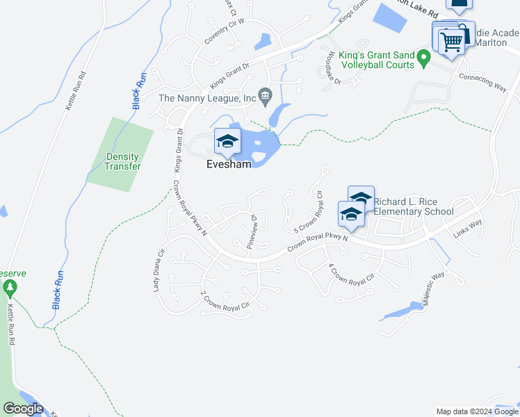 map of restaurants, bars, coffee shops, grocery stores, and more near 1604 Virginia Court in Evesham Township